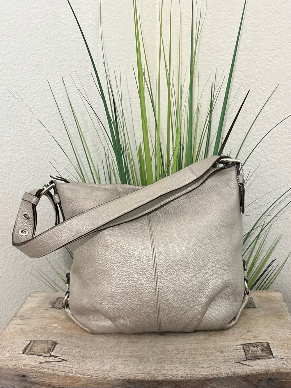 Coach Metallic Silver Gray Pebble leather Hobo Shoulder Bag
